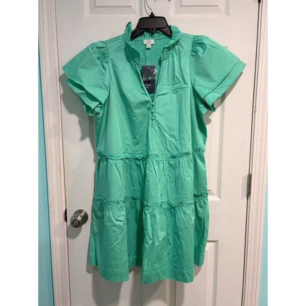 NWT Crown & Ivy Aqua Tiered Poplin Flutter Sleeve Dress L